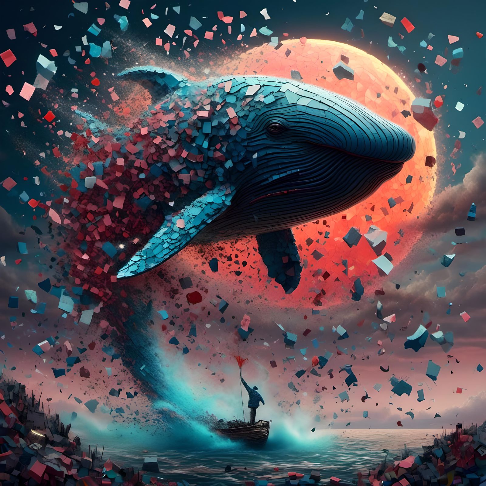 Cracked Whale in Neon Glass Cubism