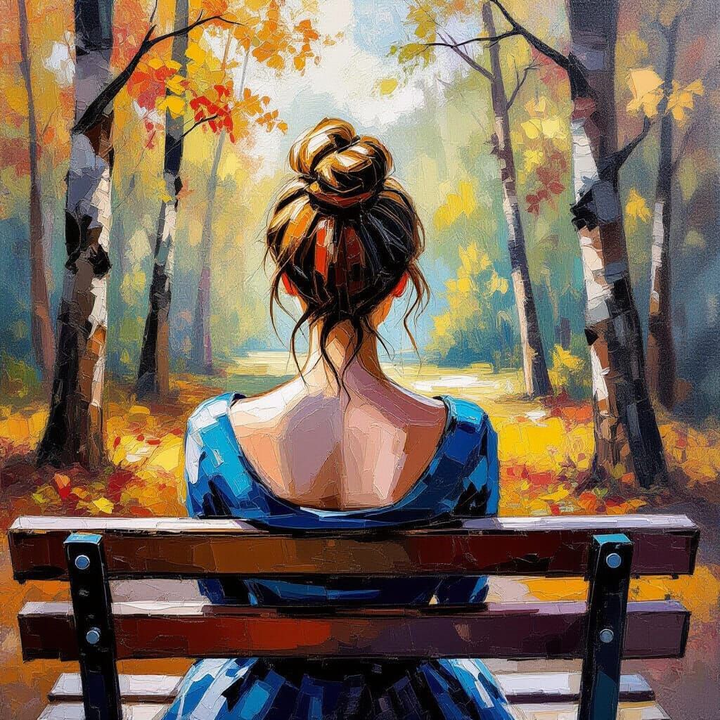 Woman Relaxing in Woods, Neo-Impressionist Oil Painting