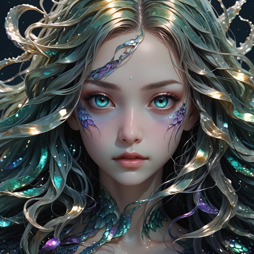 Evil Mermaid in Dark Depths: Surreal 3D Anime Art