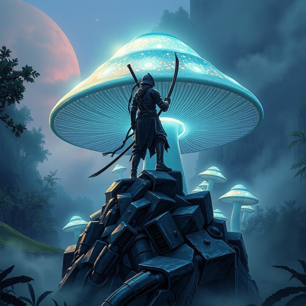 Cyberpunk Ronin on Bioluminescent Mushroom in Alien Jungle