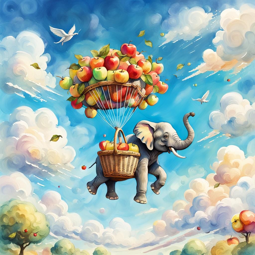 Flying Elephant with Apples in Watercolor Style