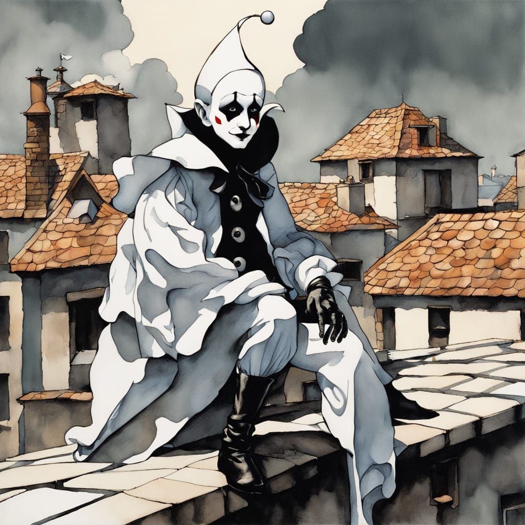 Cyberpunk Pierrot Strolls Across a Dark Rooftop