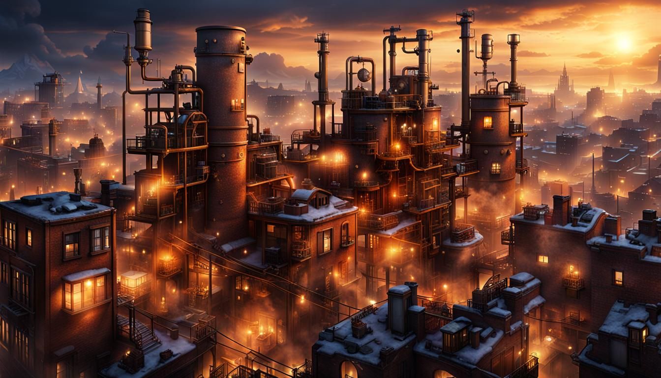 Steampunk Cityscape at Dusk with Heavenly Lights