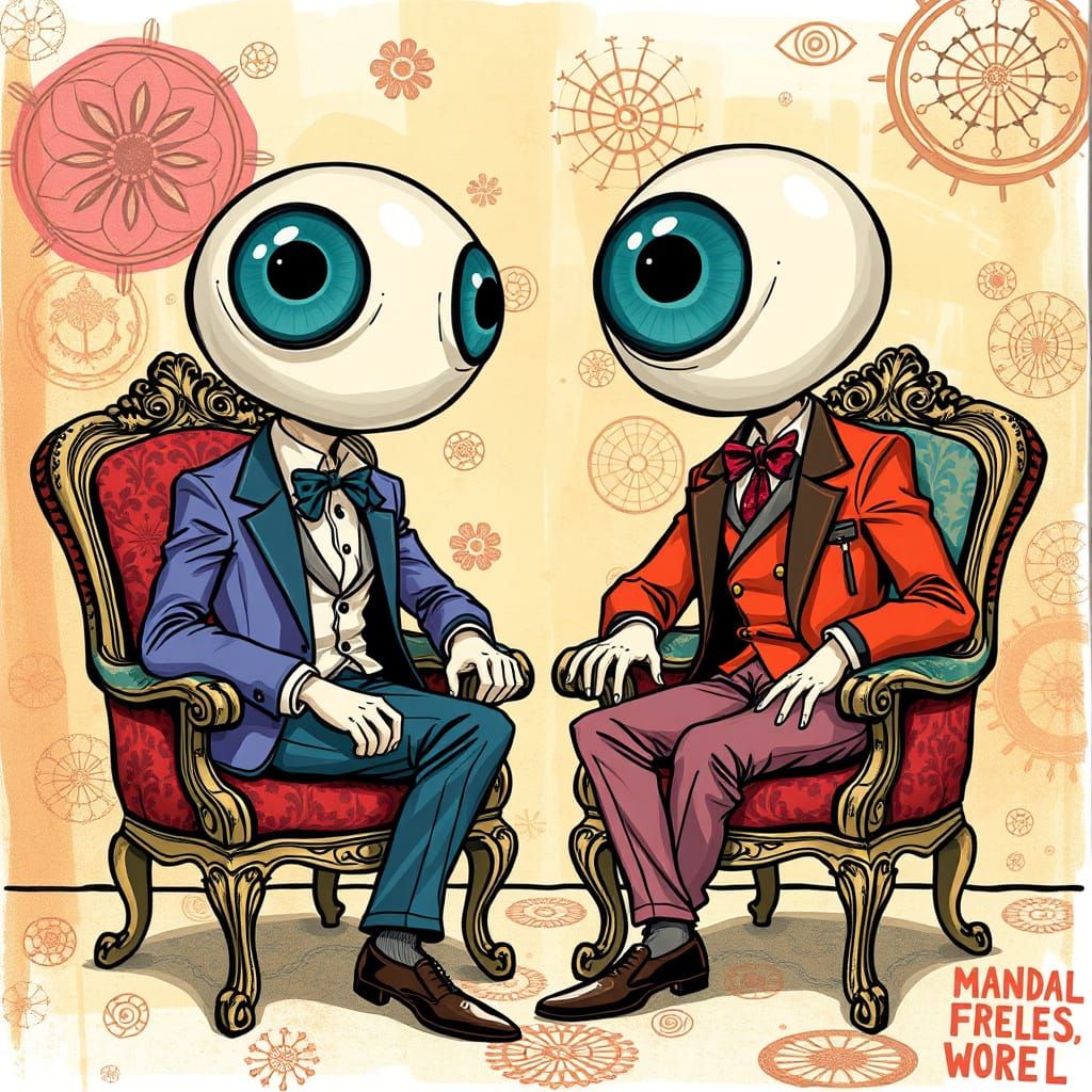 Two Playful Men with Oversized Eyeballs in Whimsical Cartoon...