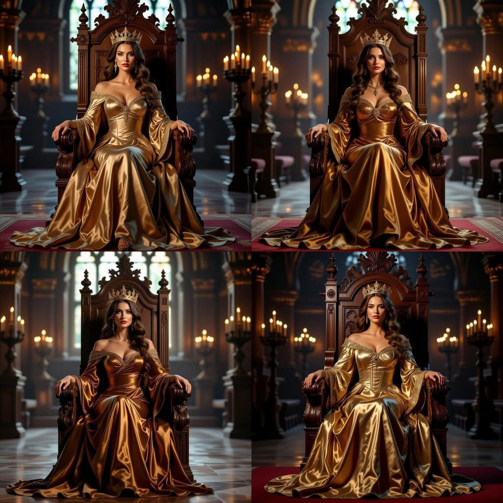 Regal Woman on Carved Throne in Medieval Palace