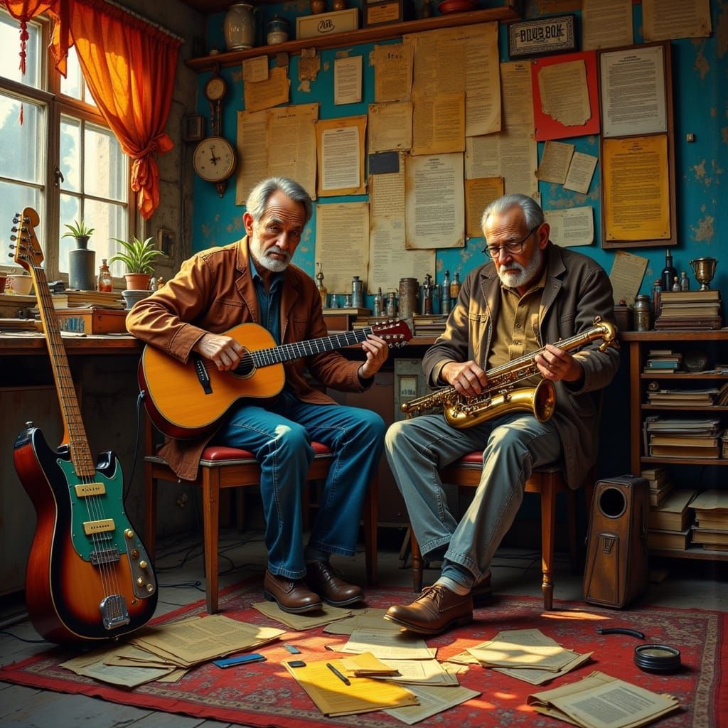 Vintage Music Studio Scene with Abstract Expressionism