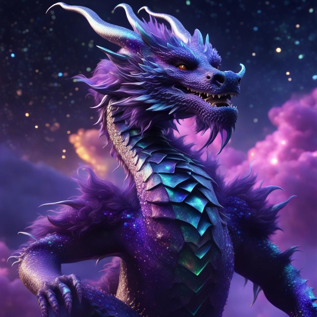 Smiling Purple Dragon in Galaxy Sky, Fantasy Art