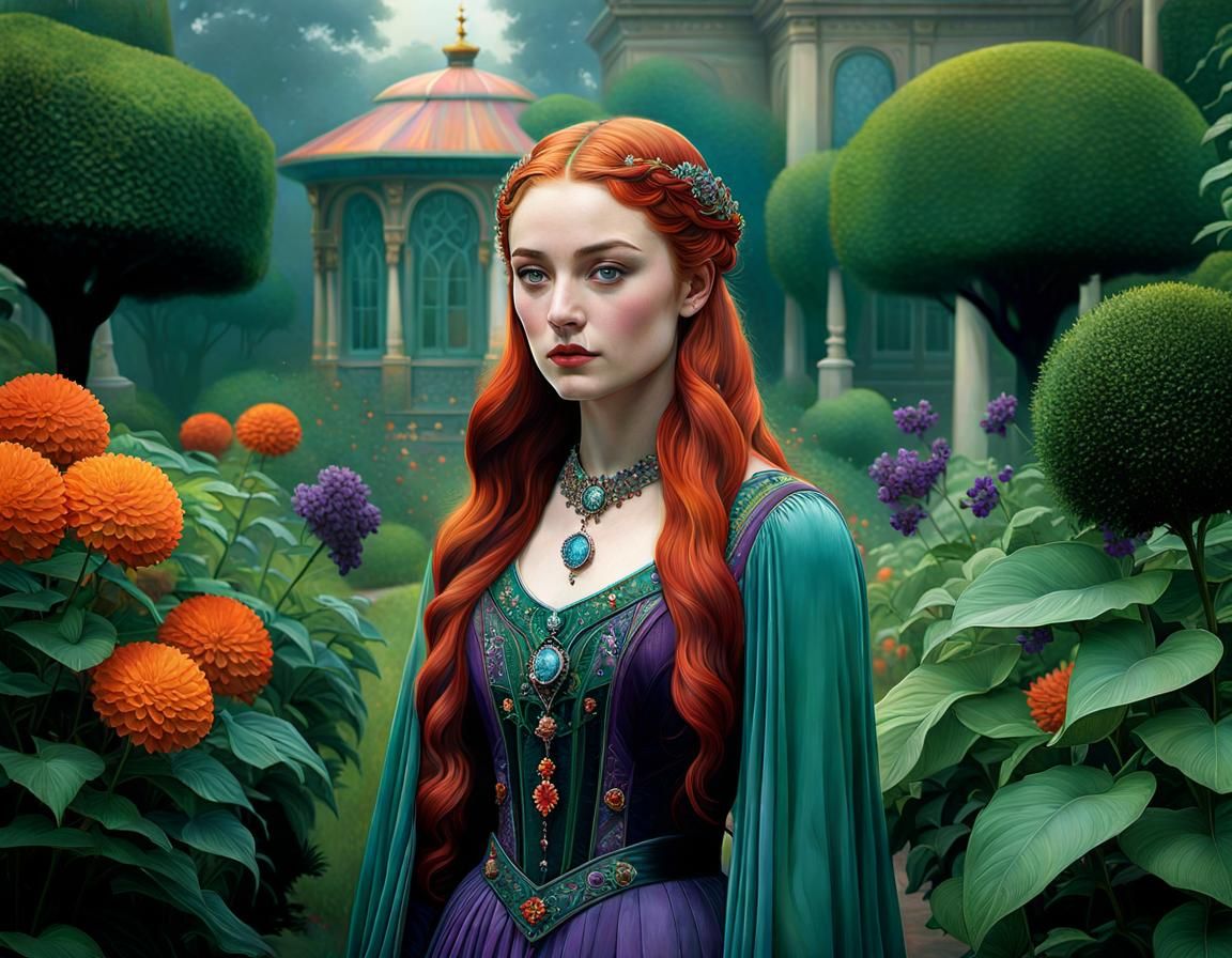 Lush Garden Portrait in Art Nouveau Style