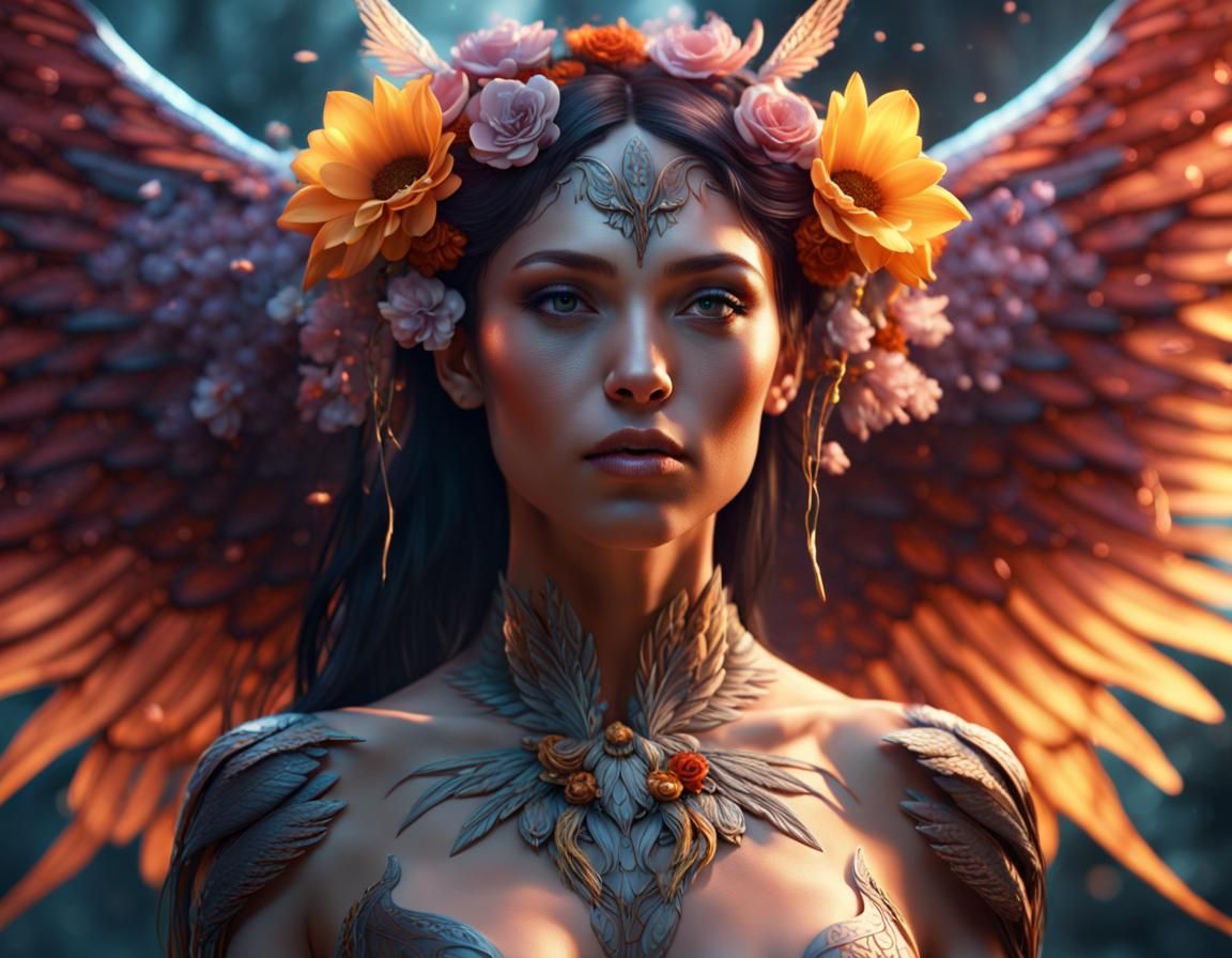 Winged Woman with Flowers: Detailed Fantasy Art