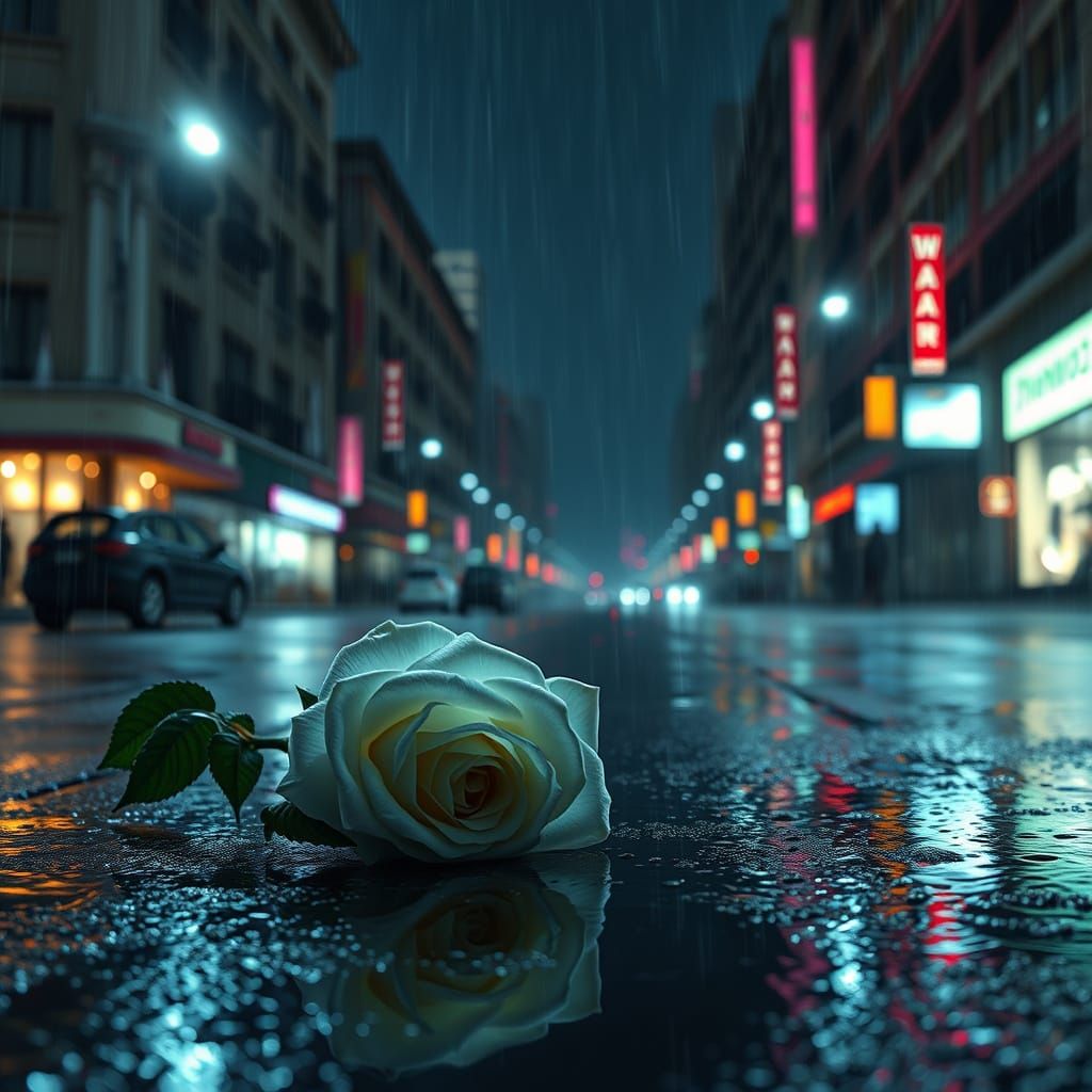 Futuristic Night Street Scene with a Dying Rose