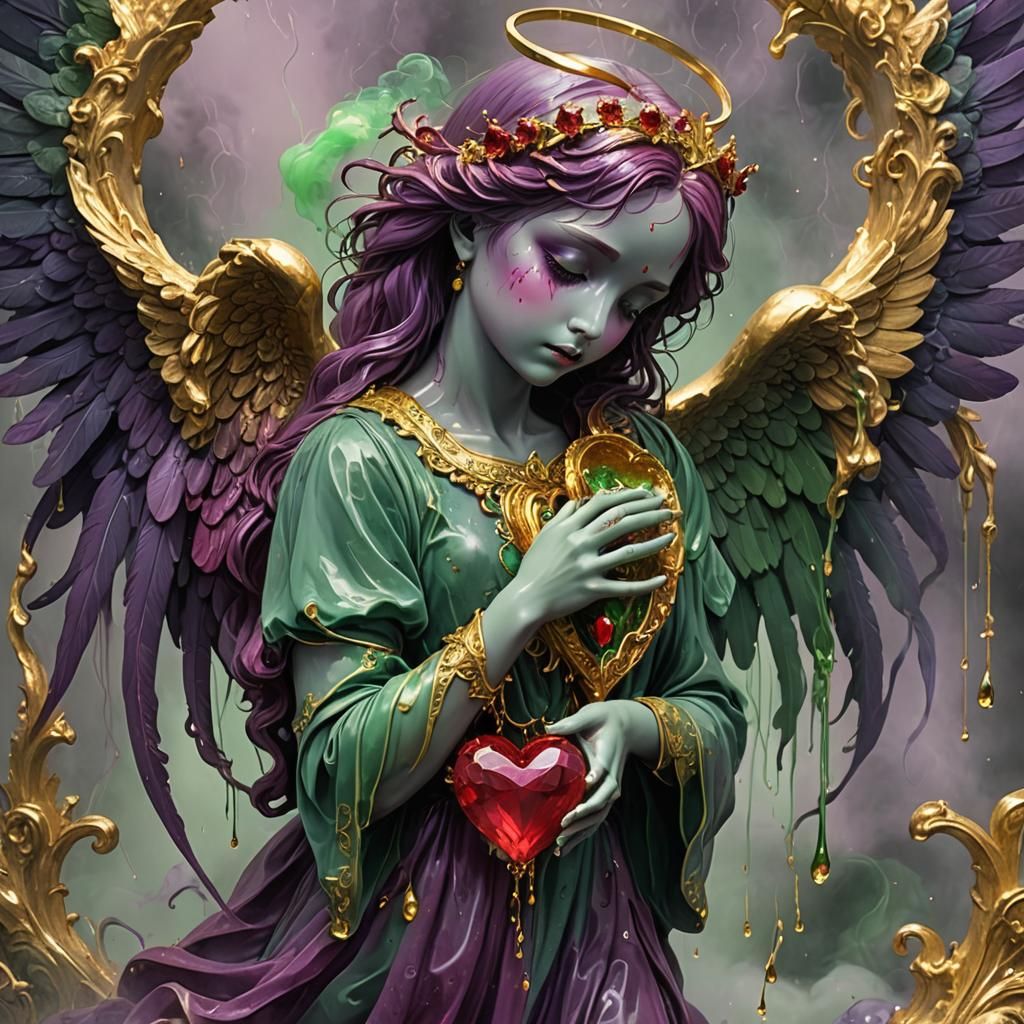 Crying Angel with Ruby Heart and Green Smoke