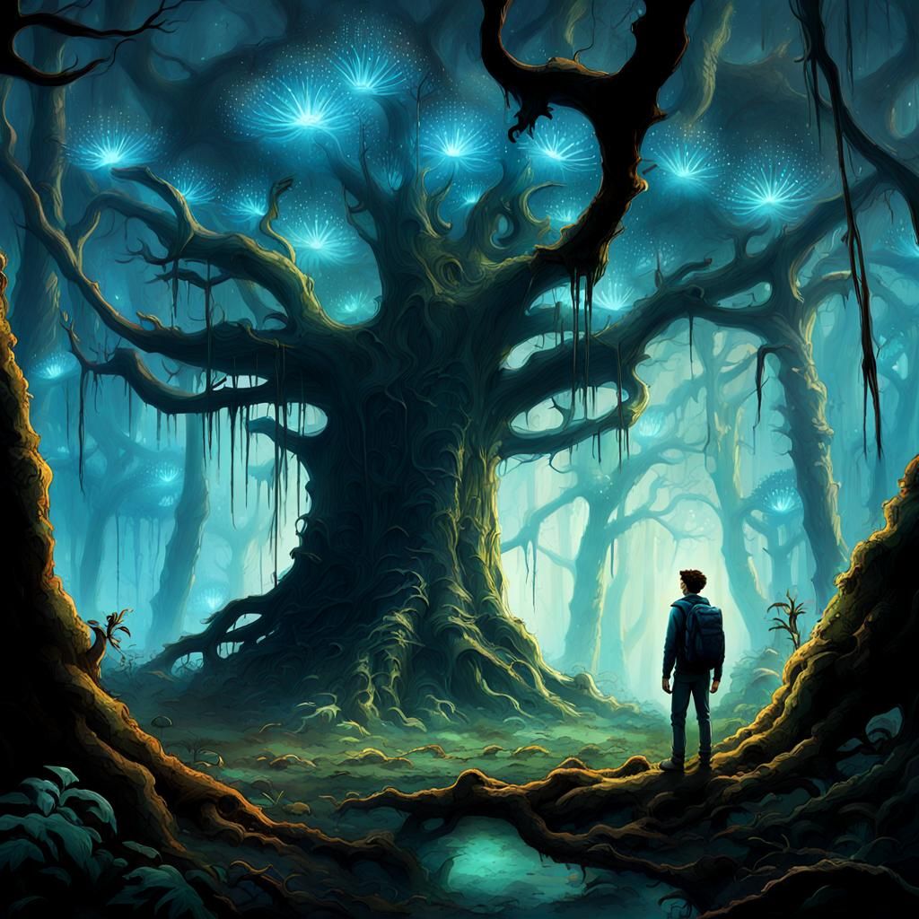 Bioluminescent Forest Adventure with Alien Companion