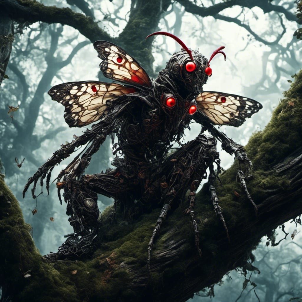 Hyperrealistic Mothman in Tree with Red Eyes