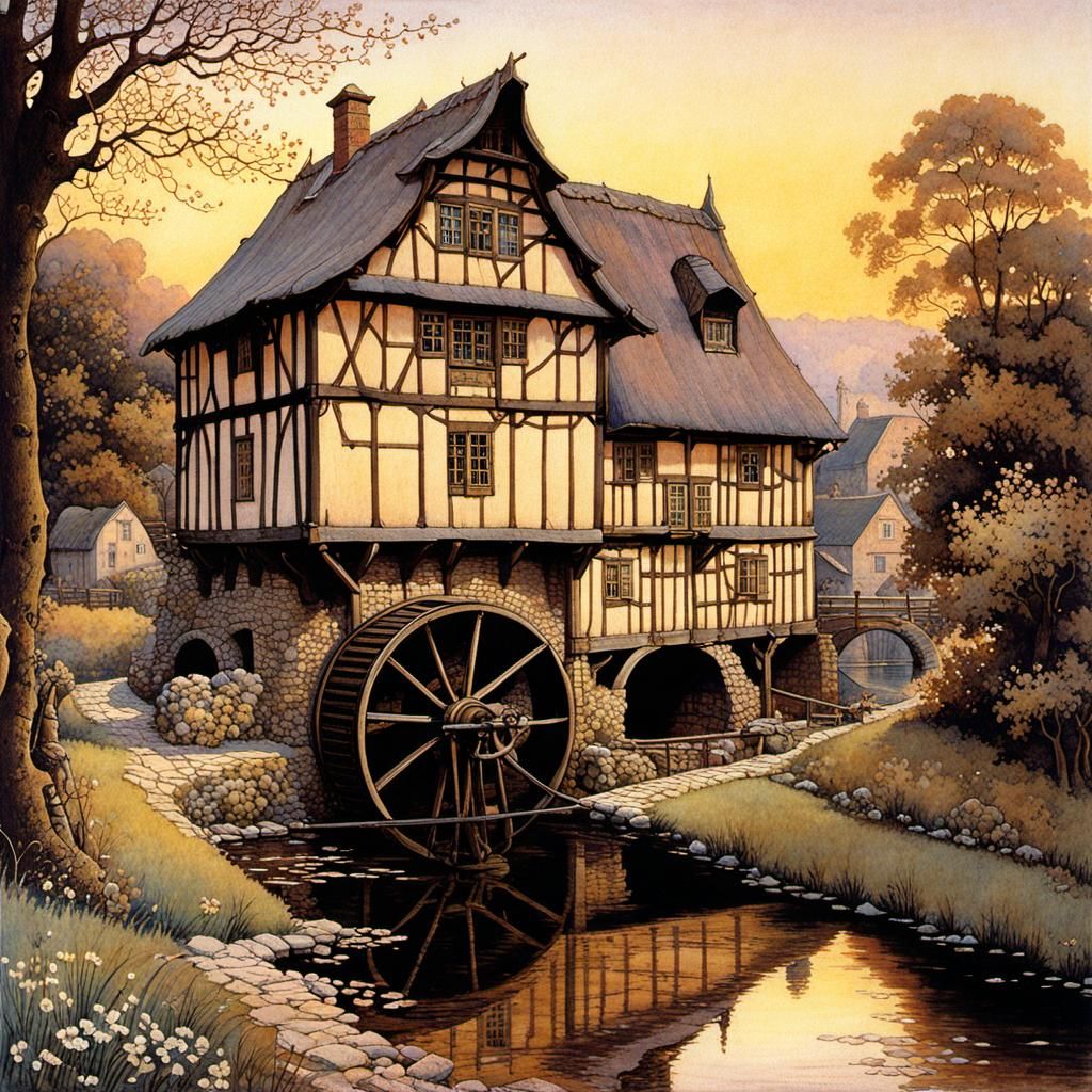 Historic Watermill in Evening Light, Detailed Illustration