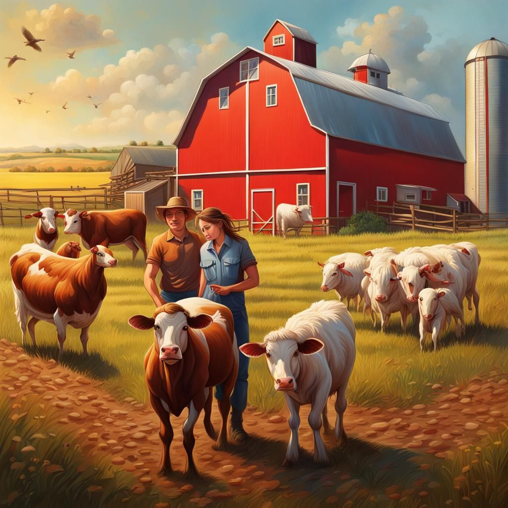 Hyperrealistic Farm Scene with Family and Animals