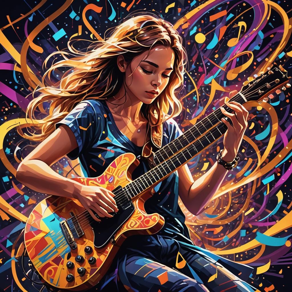 Girl's Magical Guitar Performance in Pop Art Style