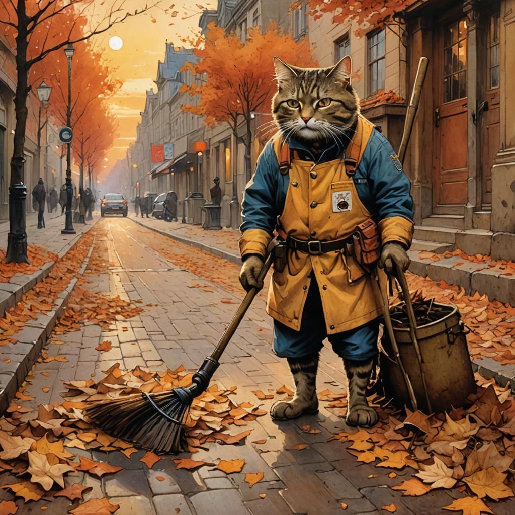 street cleaner cat standing & sweeping dead leaves