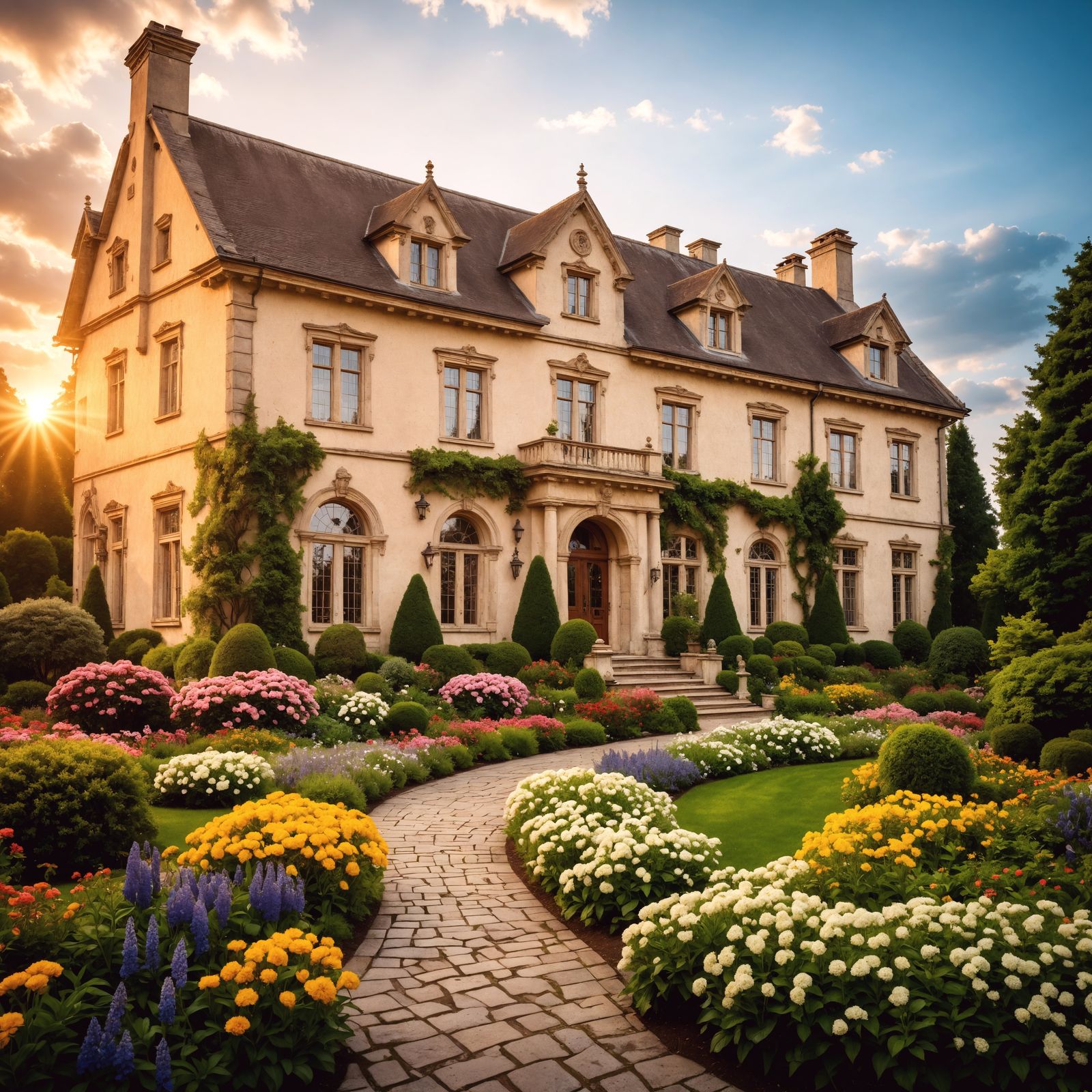 Hyperrealistic Mansion in a Flower Garden Photograph