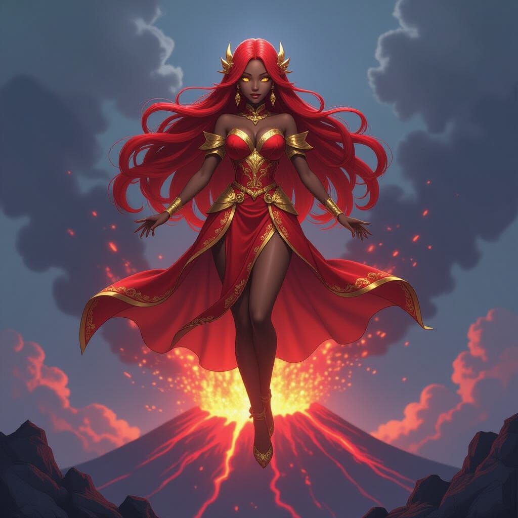 Fiery Queen Above Volcano in 3D Anime Style