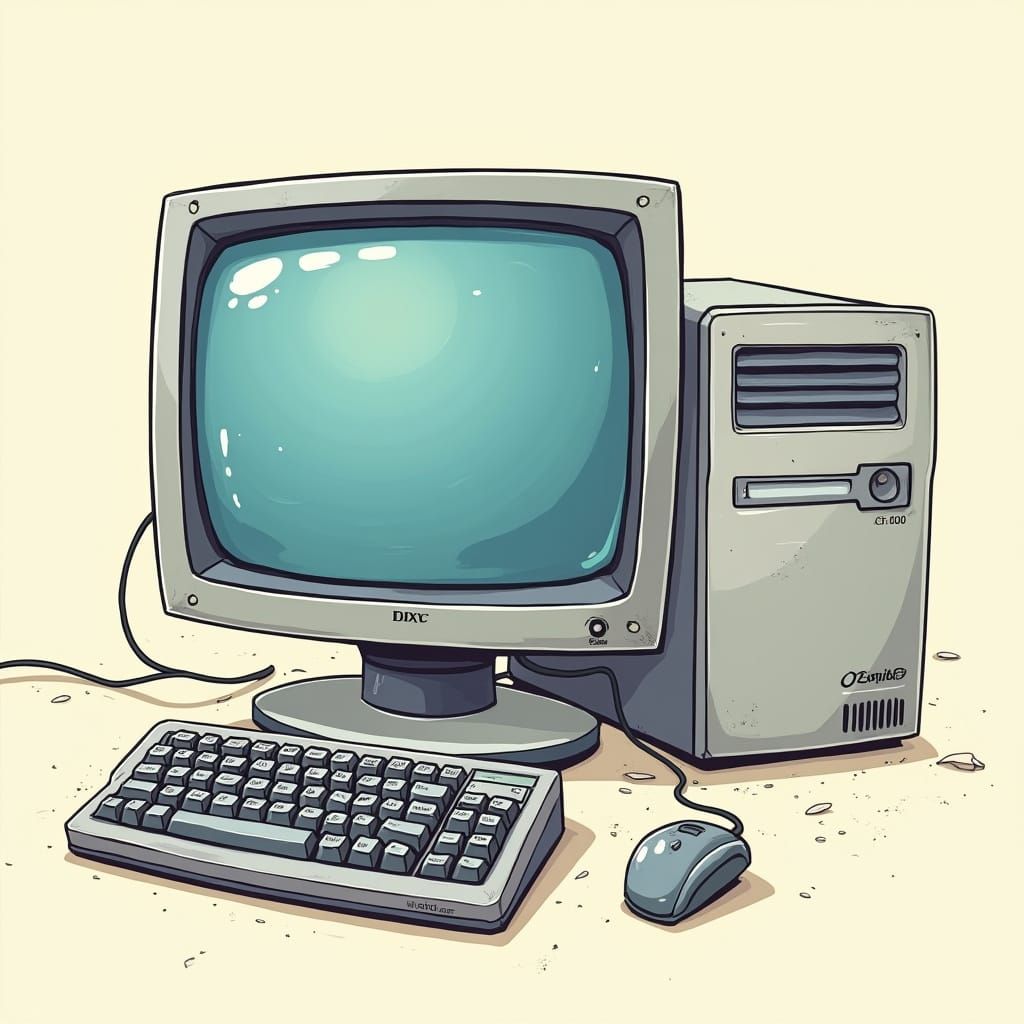 Cartoon 1990s PC with CRT Monitor