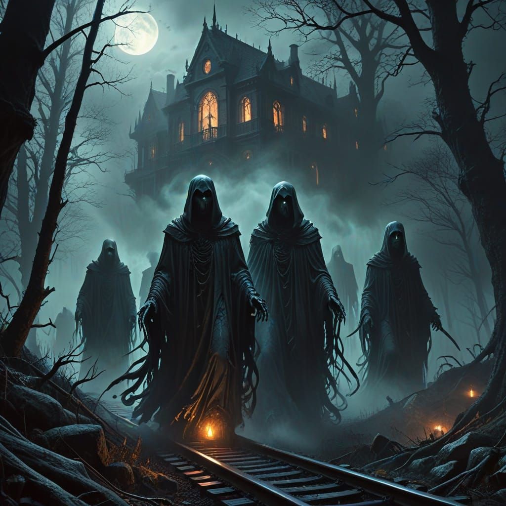 Spectral Train Through Misty Forest in Dark Fantasy Style