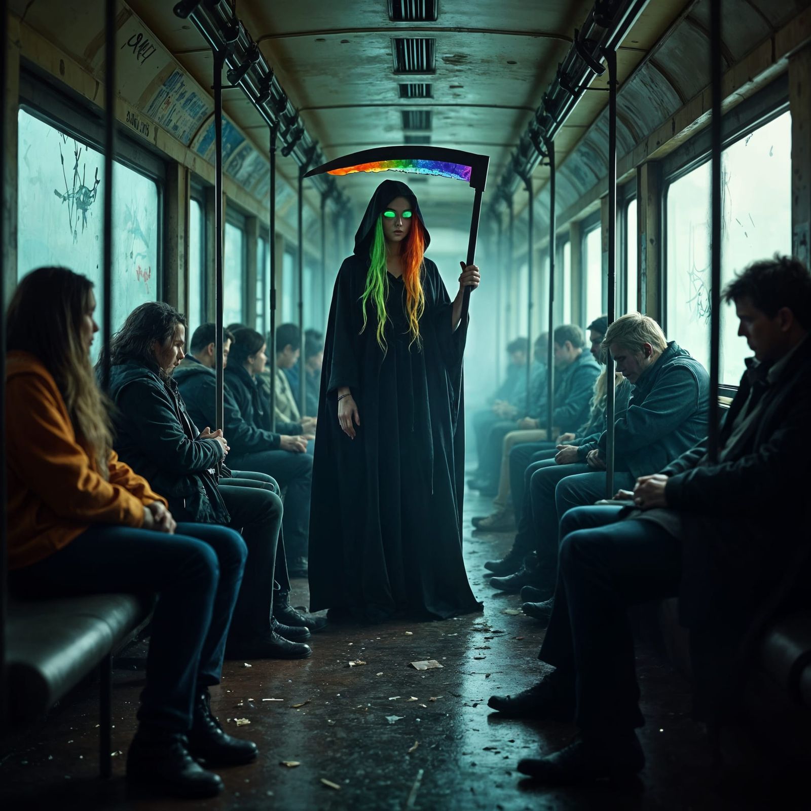 Rainbow Grim Reaper in Subway Car