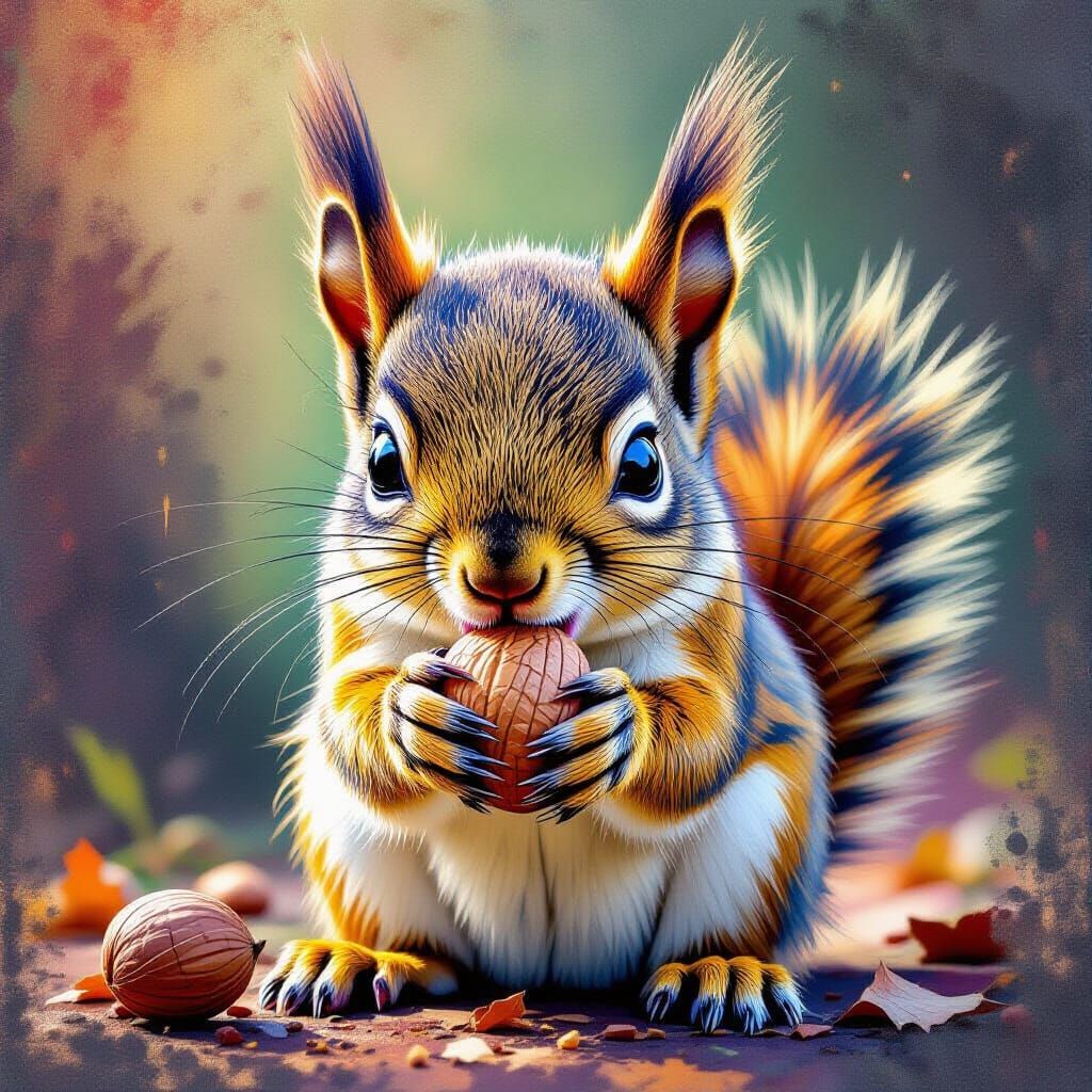 Baby Squirrel Eats Nut in Vibrant Street Art Style