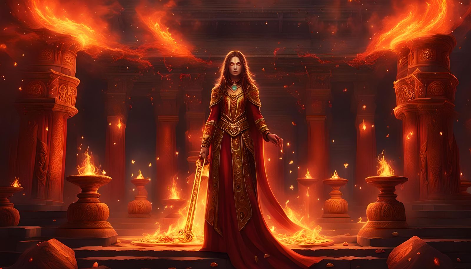 Powerful Fire Mage Conjuring Vortex of Flames