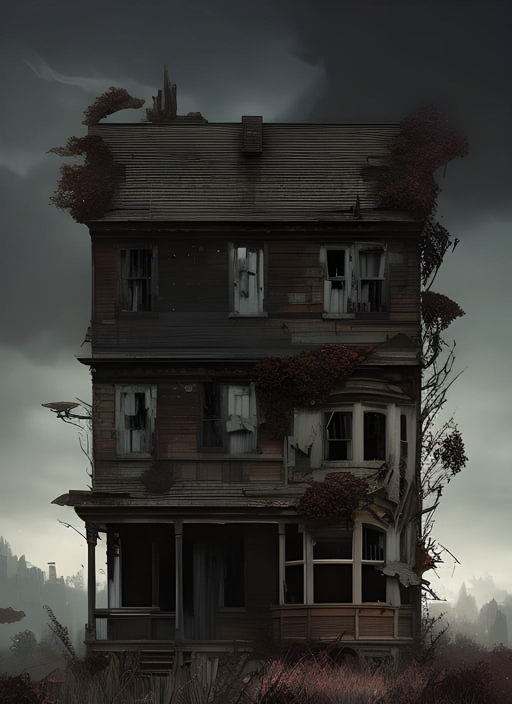 Abandoned House Covered in Vines: Digital Rendering