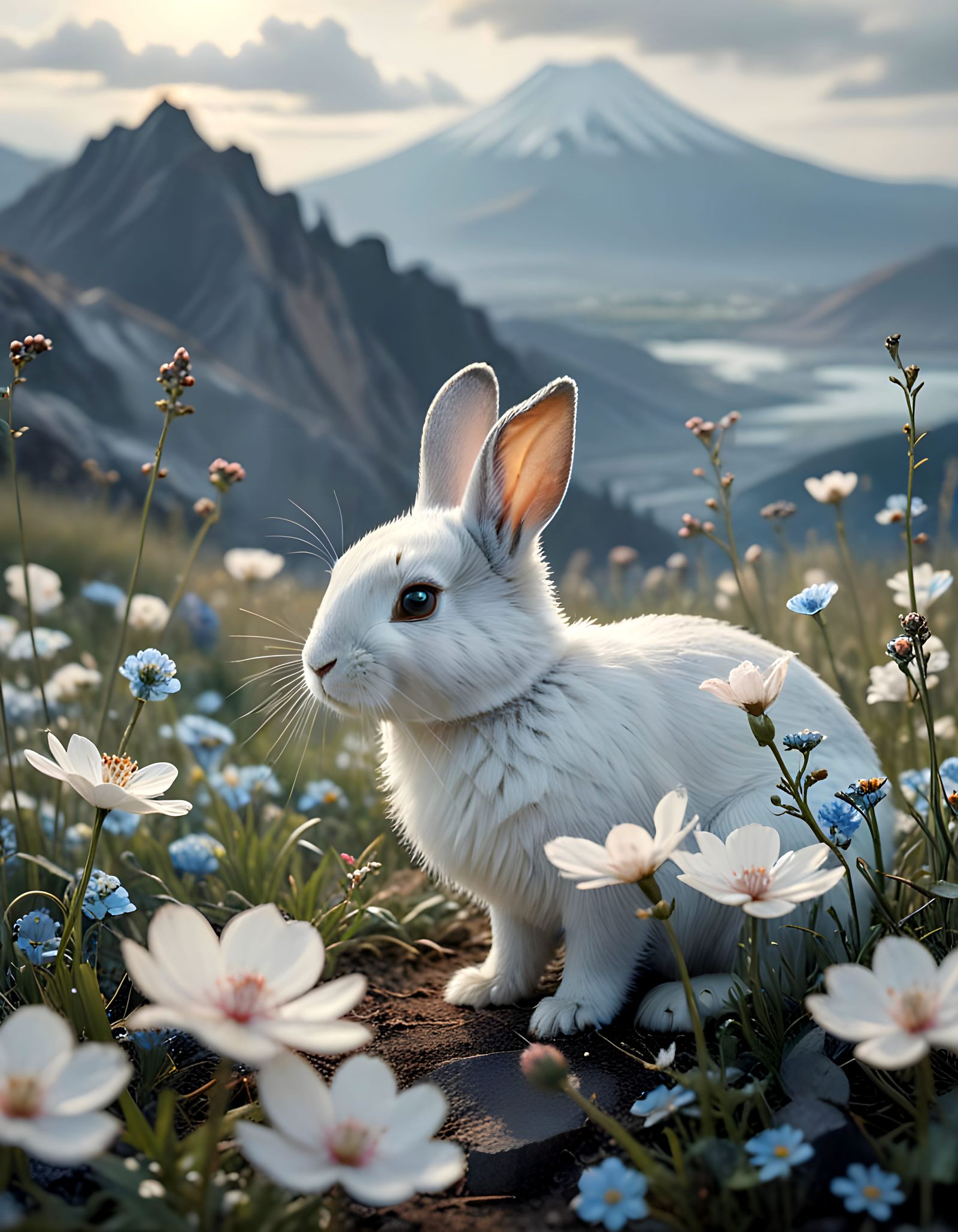 Ethereal Ukiyo-e Bunny Peeks from Flower Petal