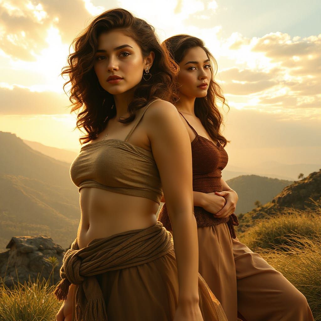 Radiant Women in Golden Light: Whimsical Art