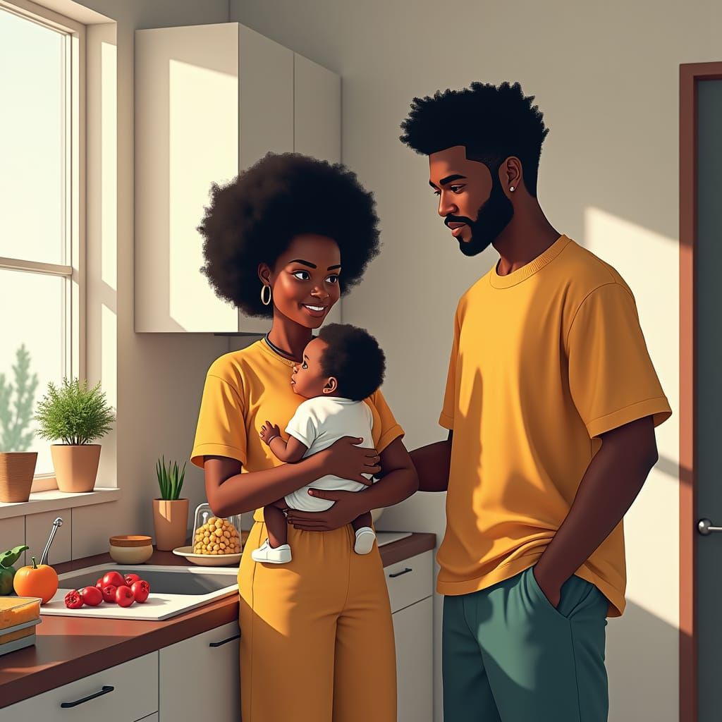 Black Couple in Domestic Scene: Elegant Line Drawing