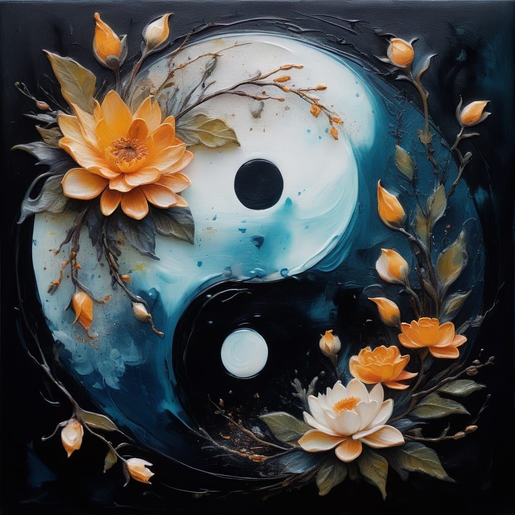 Surreal Yin Yang Symbol with Floral Contrasts