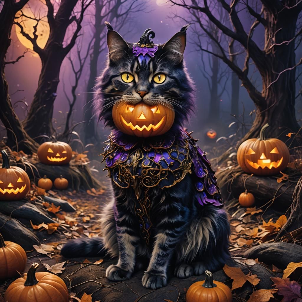 Halloween Cat in Mystical Forest: Fantasy Concept Art