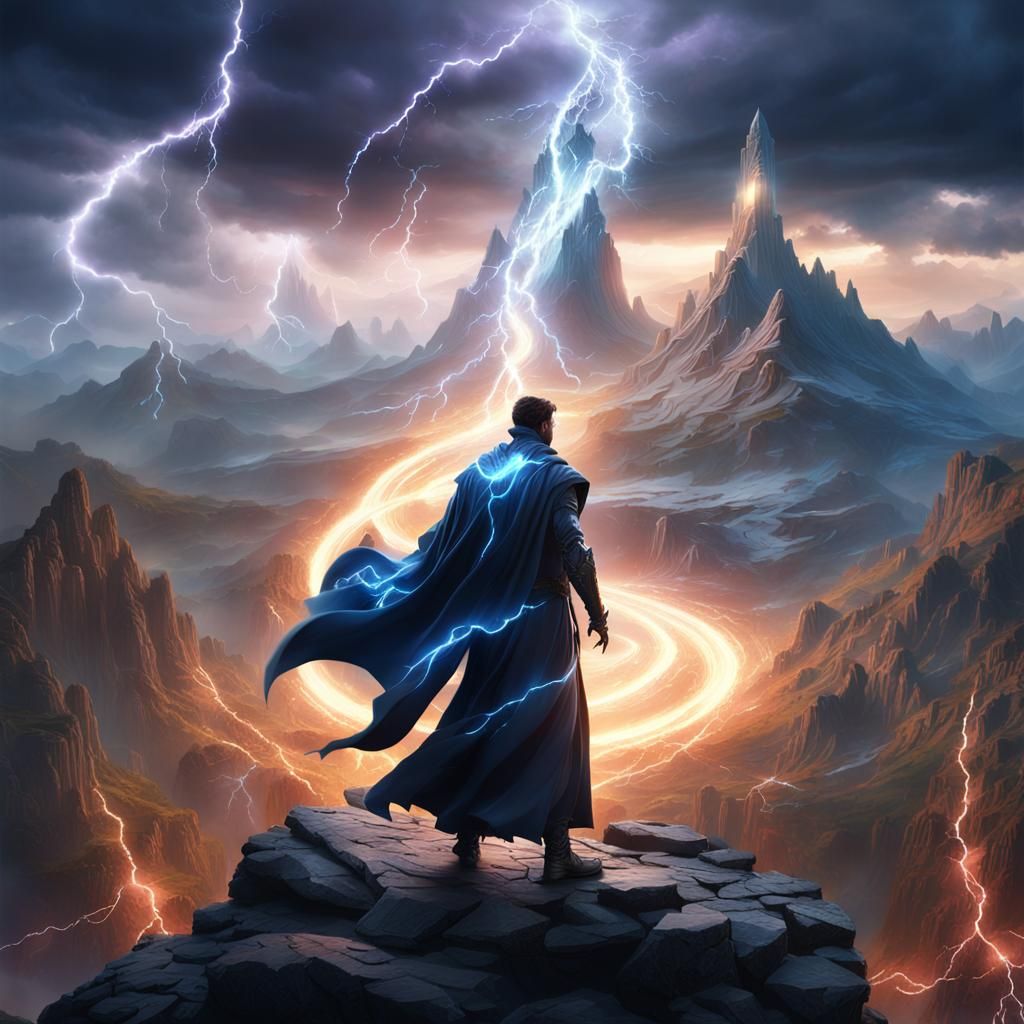 Futuristic Mage Commands Elements on Mountain Peak