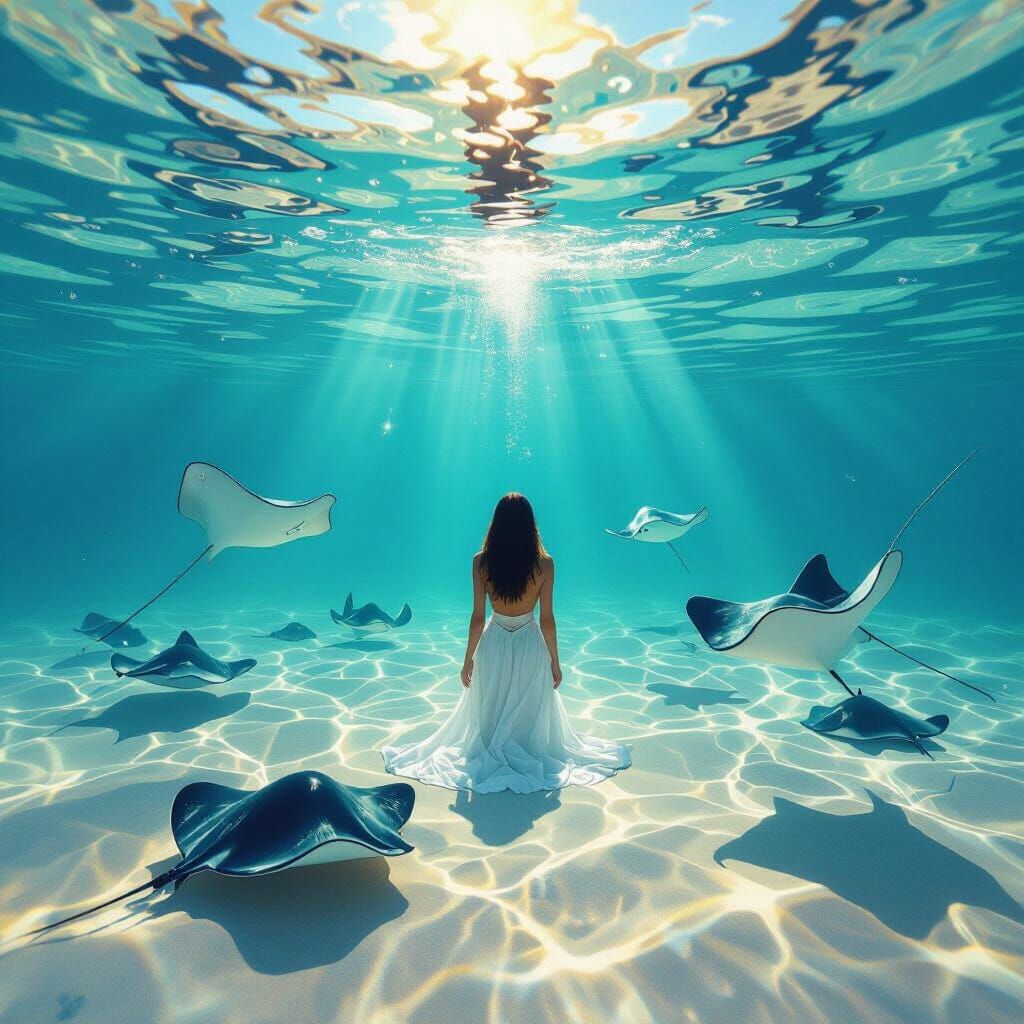 Woman Swimming with Stingrays in Crystal Blue Ocean