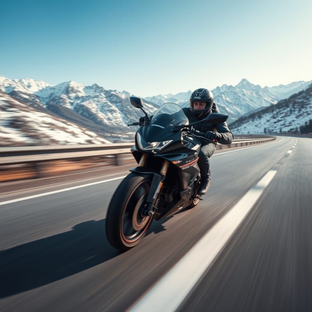 Motorcycle Races Down Highway in Motion Blur