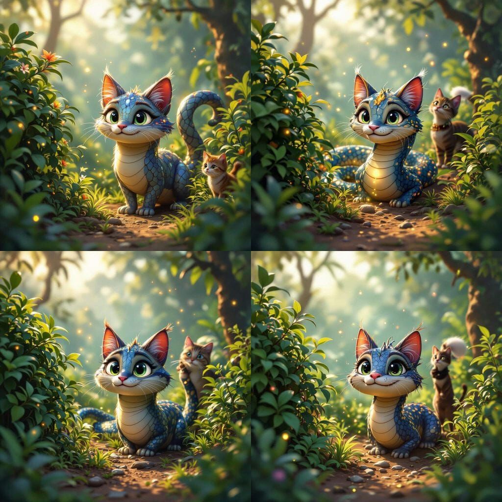 Magical Blue Snake and Surprised Cat in Rural Jungle