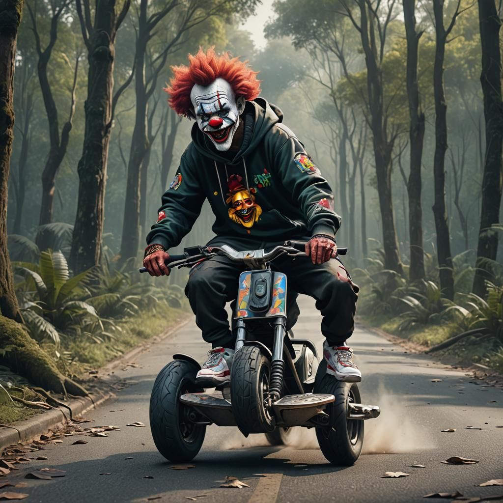 Hyperrealistic Clown Rides Scooter Through Indonesian Forest