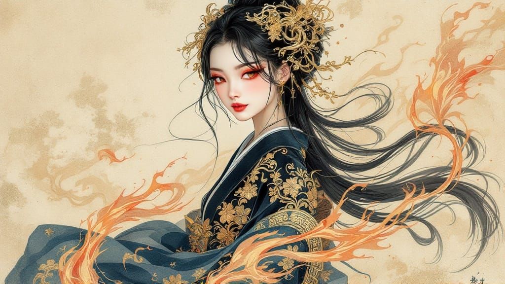 Ethereal Japanese Noblewoman Amidst Whirling Flames