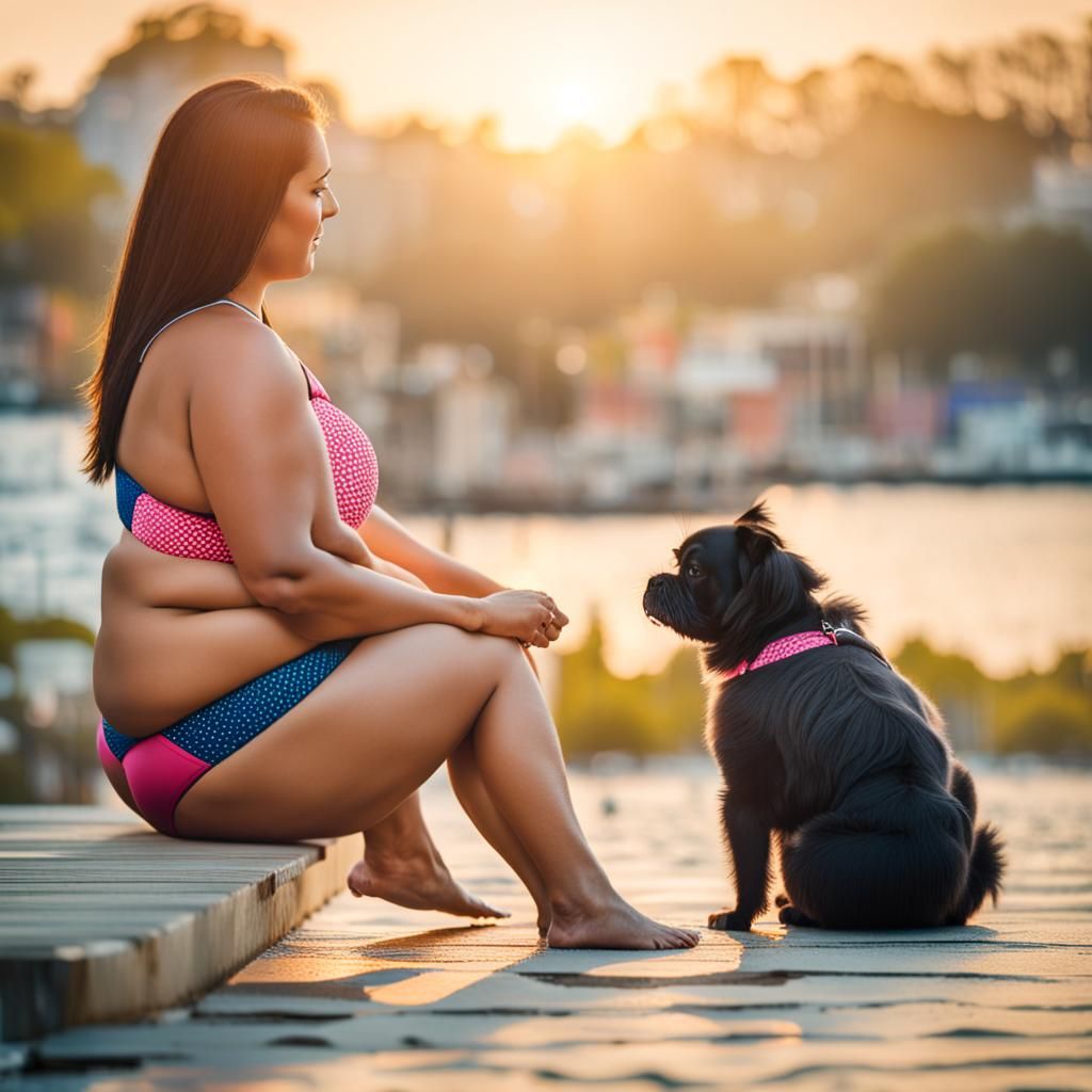 Plus-Size Woman in Bikini with Dog: Photography