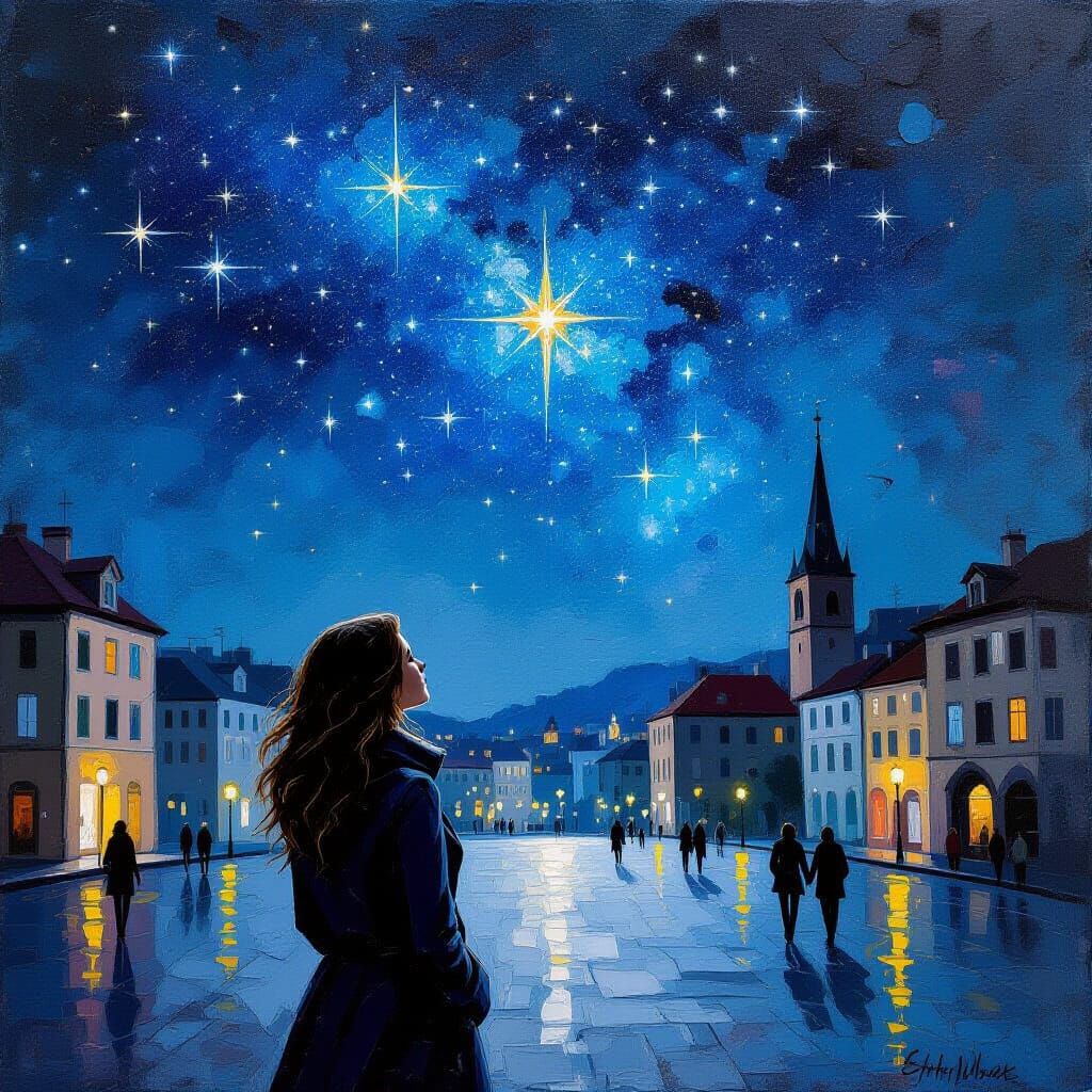 Woman Gazing at Starry Night Sky in Expressionist Style
