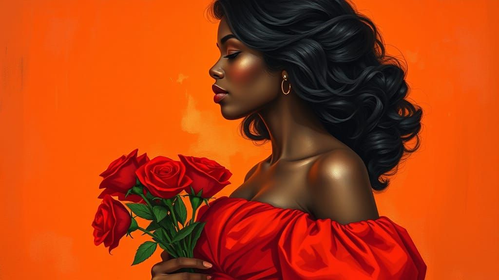 Black Woman in Red Dress with Roses, Art Nouveau