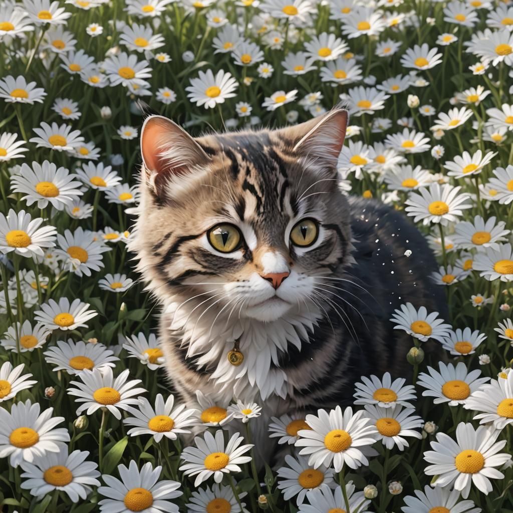 Cat Relaxing in Daisies: 3D Anime Art