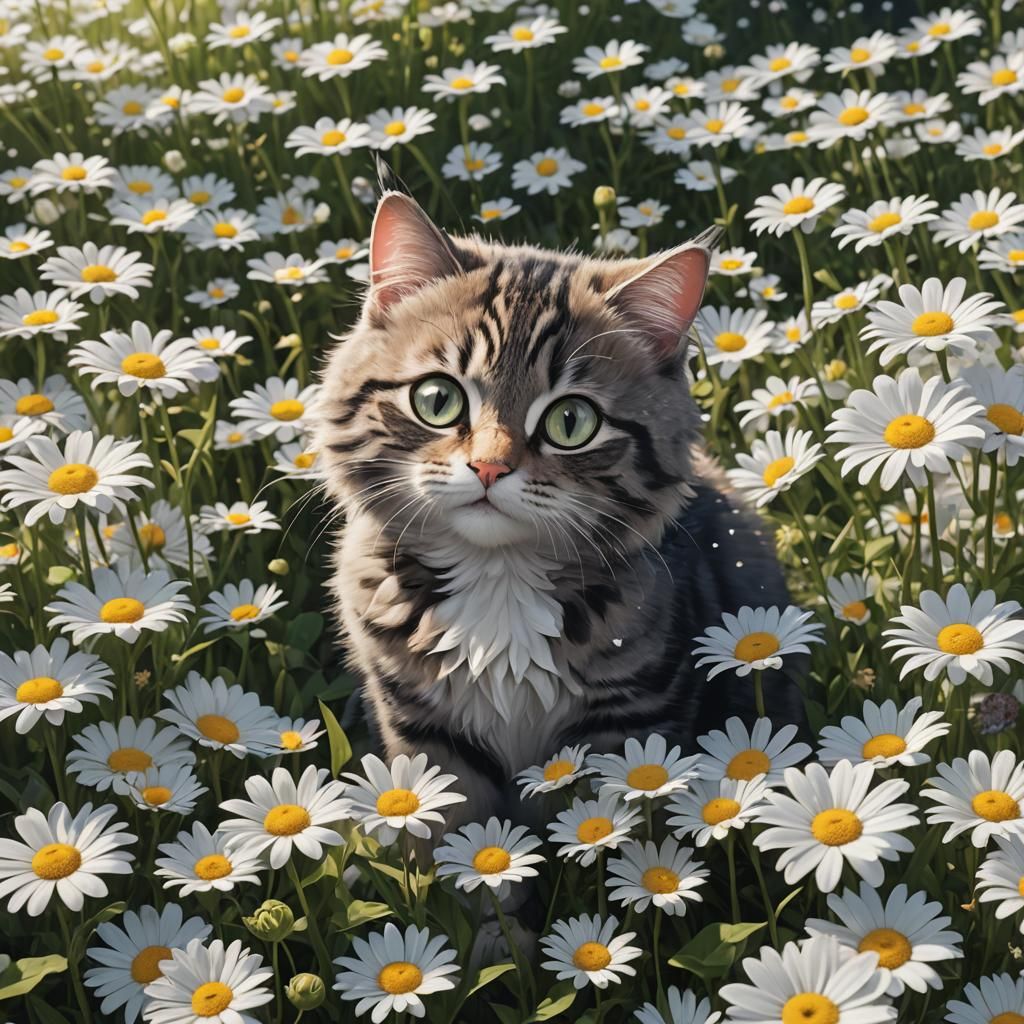 Cat in Daisies: 3D Anime Art