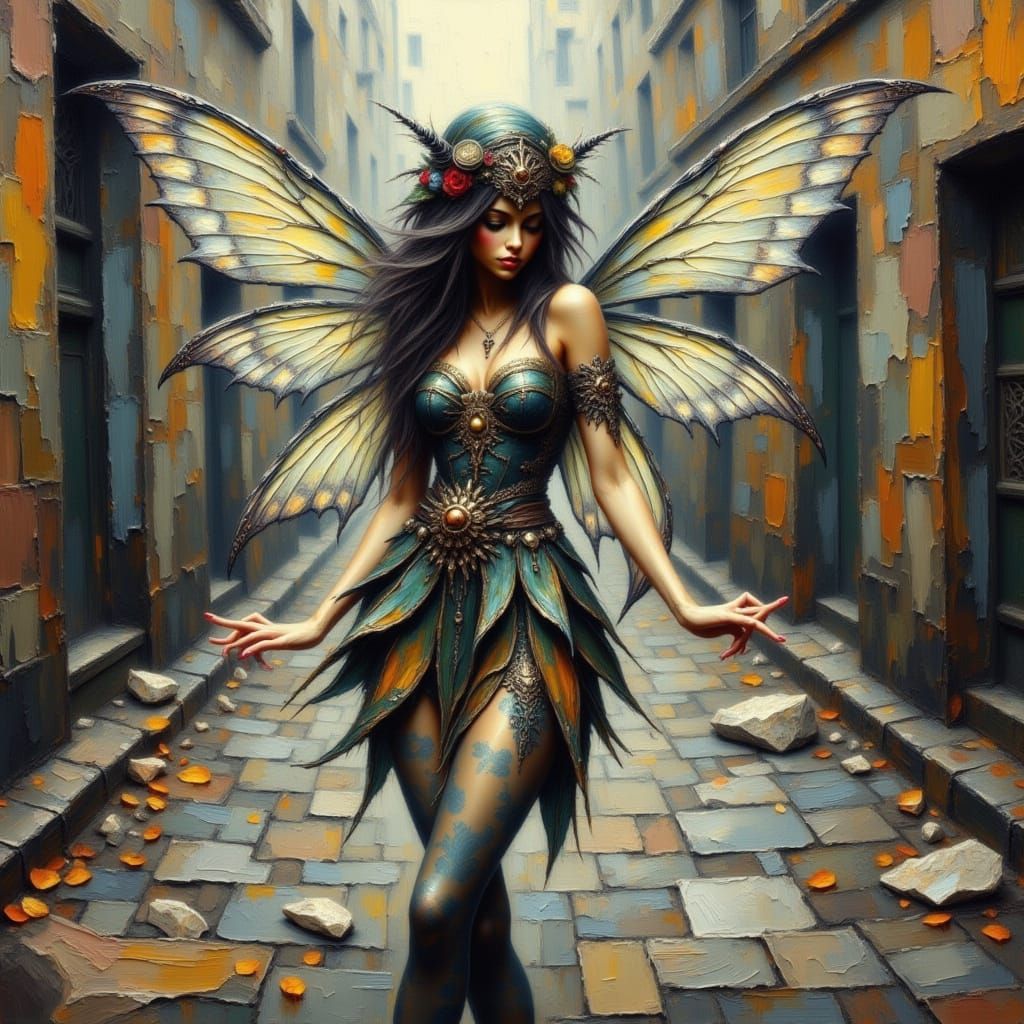 Grunge Fairy Dancing in Street Oil Painting