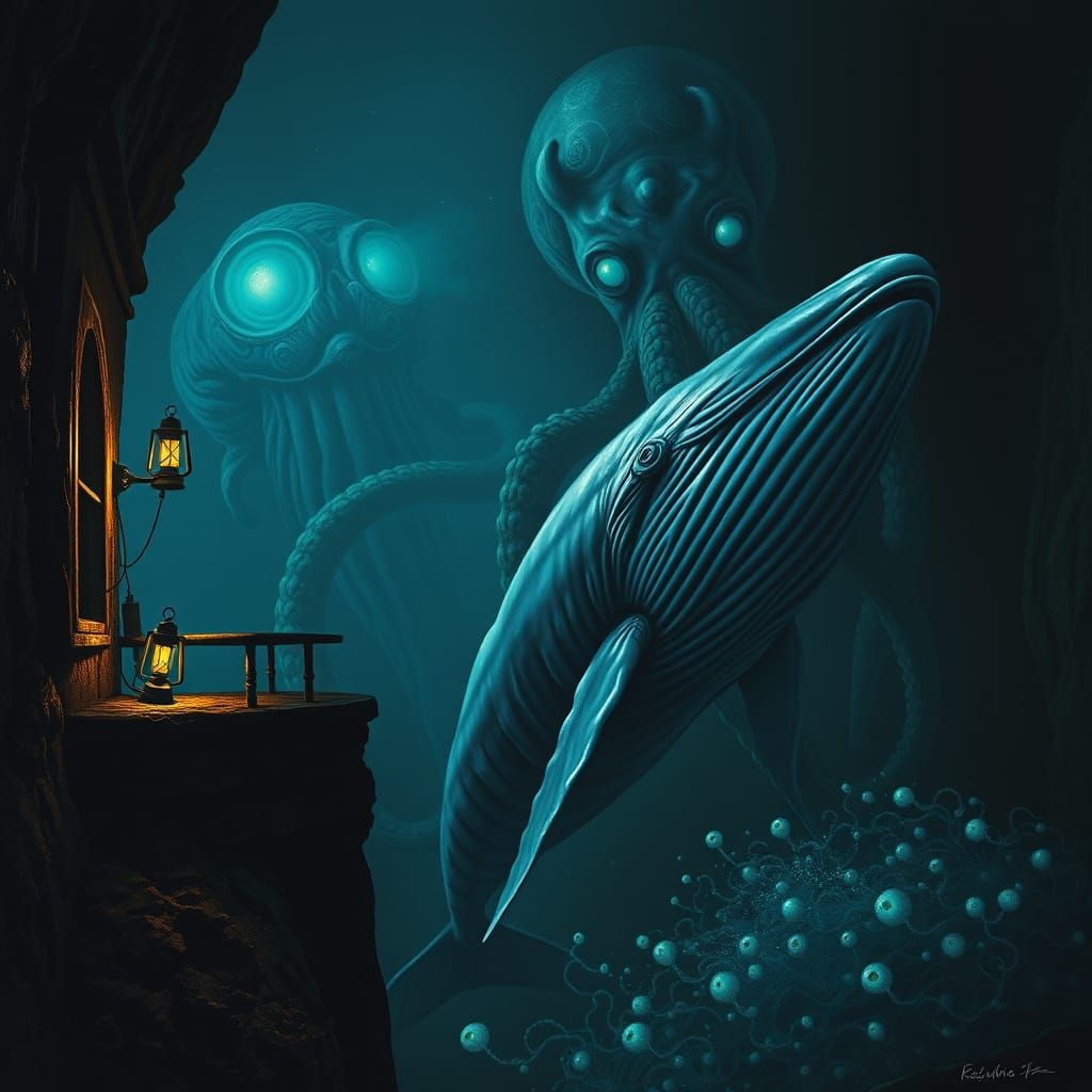 Mystical Sperm Whale Emerges from the Dark Abyss