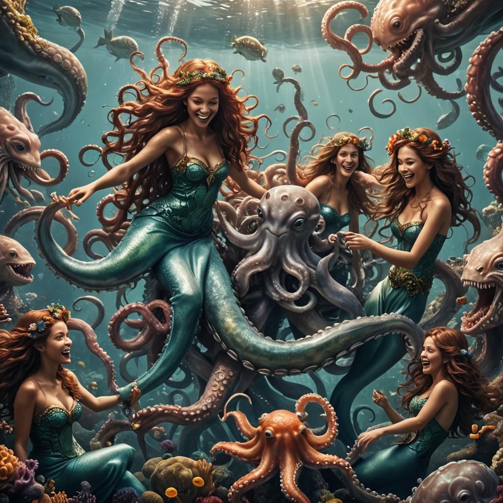 Mermaids Play With Octopus in Joyful Sea