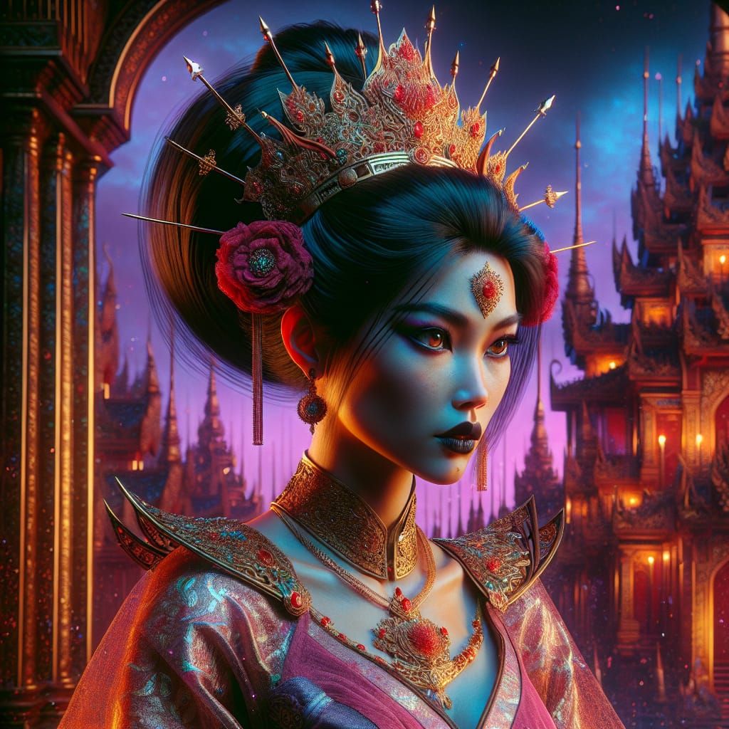 Queen Pan Htwar: Burmese Goddess in Synthwave Style