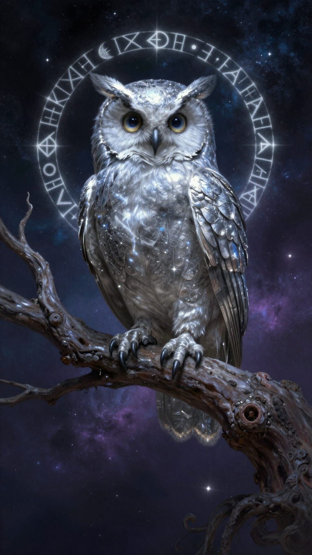 Ethereal Silver Owl in Cosmic Nebula